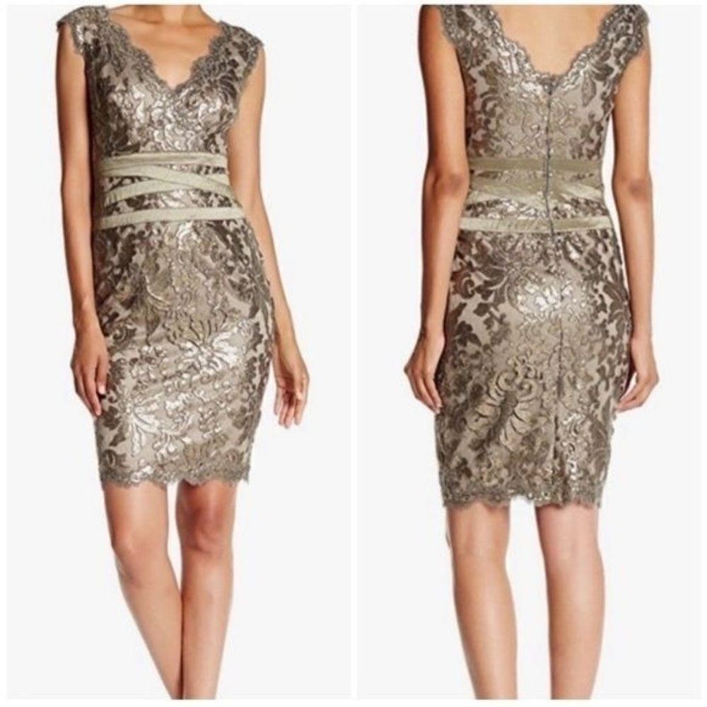 Tadashi Shoji Embellished Sequin Lace Sheath Dress Size 4 Ginseng Gold Cocktail